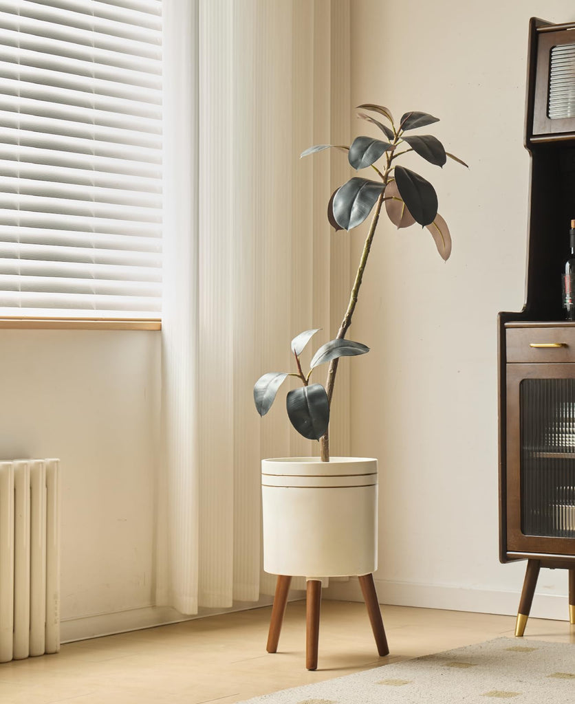12 Inch Plant Pot with Oak Wood Stand, Large Planter for Indoor Plant, Simple Modern Flower Pot Flower Pot with