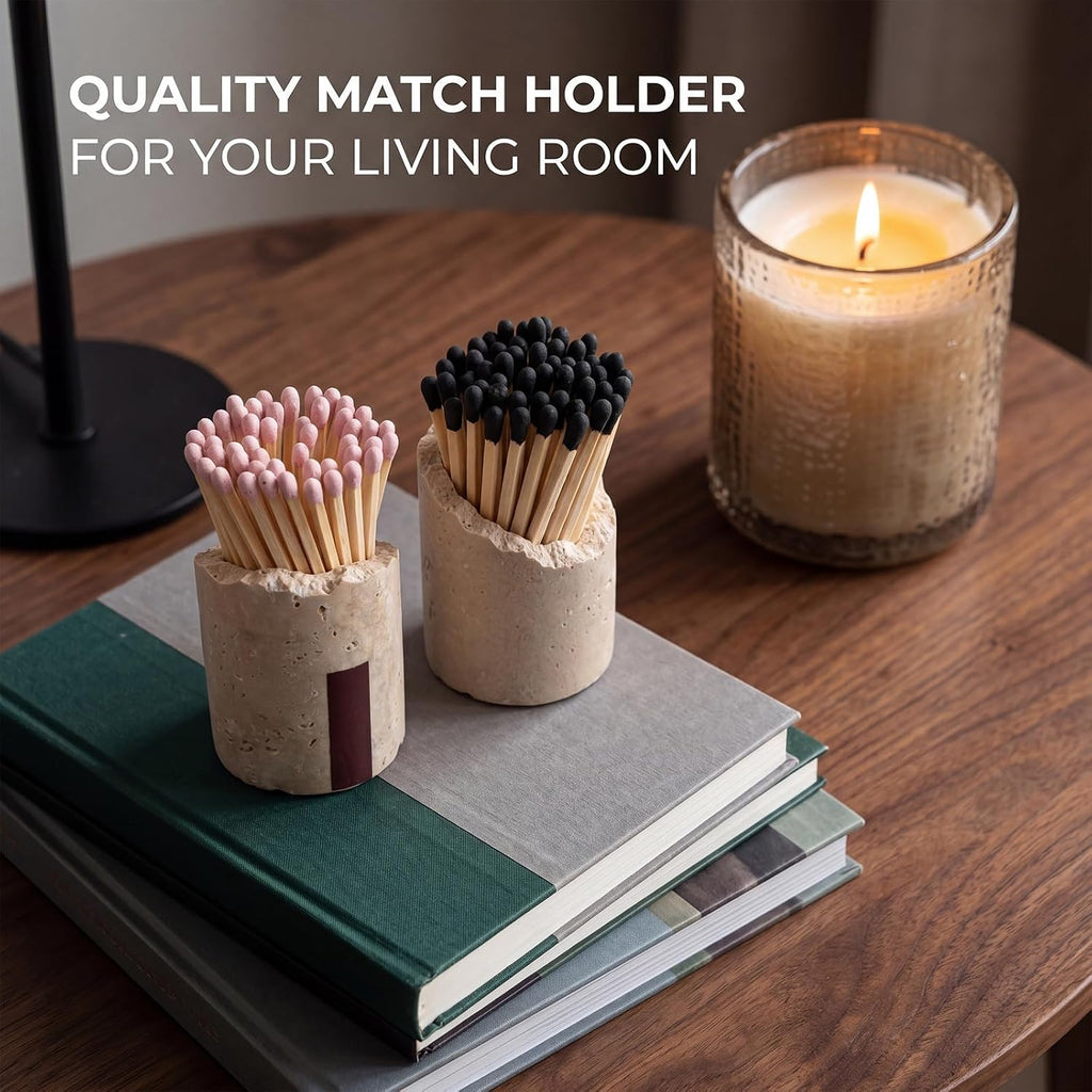 Natural Travertine Stone Match Holder with Striker, Irregular Raw Edge Decorative Match Storage Jar, Matchstick - Set of 2