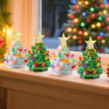 4.3 Inch Mini Ceramic Christmas Tree Set - 4 Pack Tabletop Christmas Tree with Multicolored LED Lights, Battery