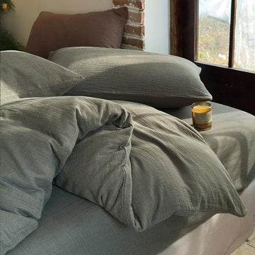 100% Muslin Cotton Duvet Cover, Dark Green Checked, Queen