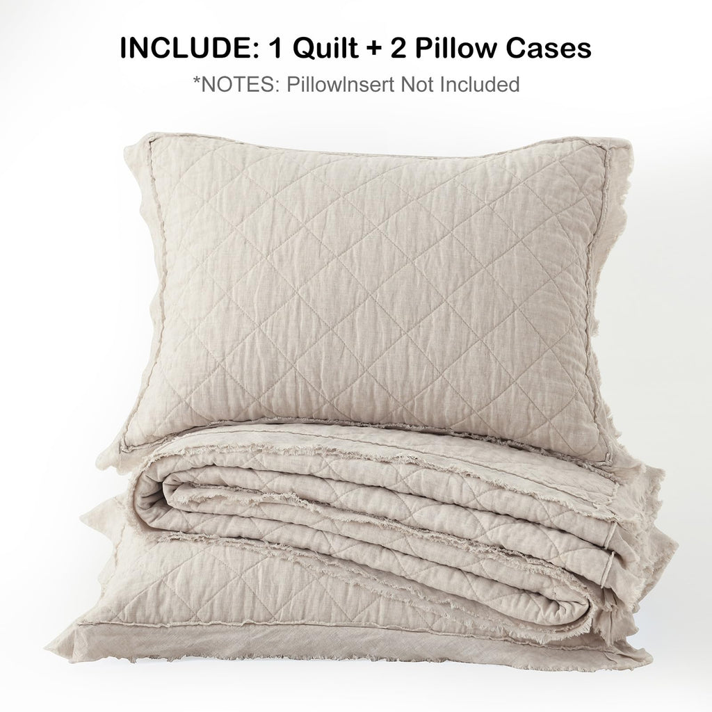100% Linen Front/100% Cotton Back Quilt Set, Pre-Washed Flaxen Bedspread Coverlet Set, Diamond Stitch