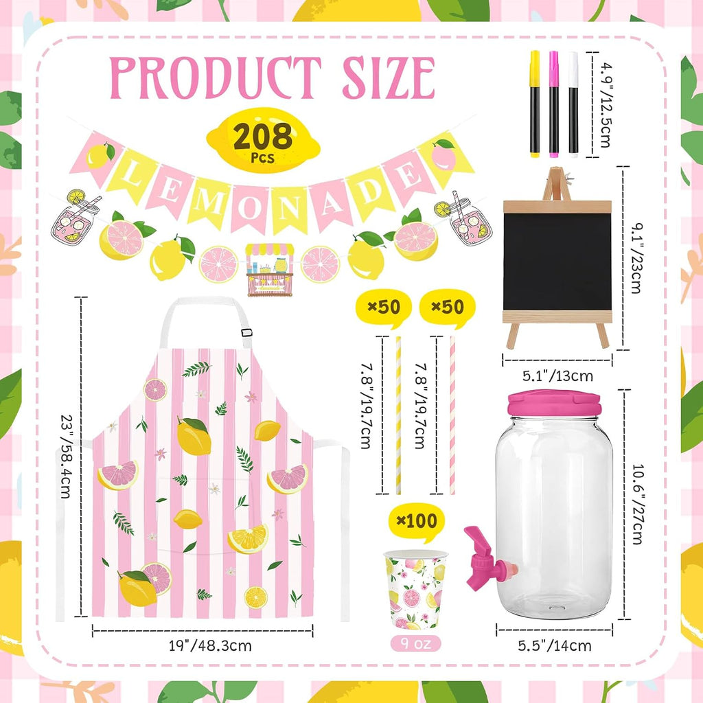 Pink Lemonade Stand Supplies with 1 Gallon Plastic Drink Dispenser - Set of 208