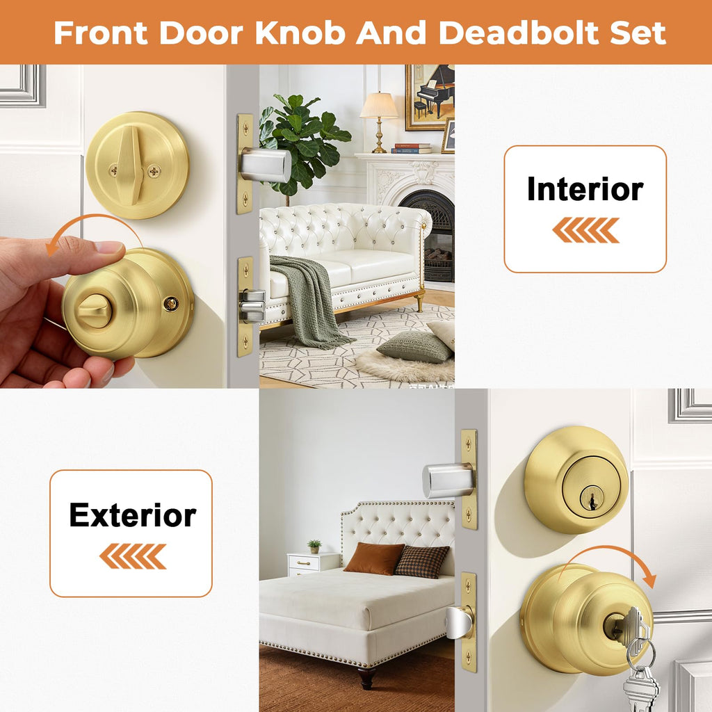 1 Pack Entry Door Knob Set, Gold, Single Cylinder Deadbolt