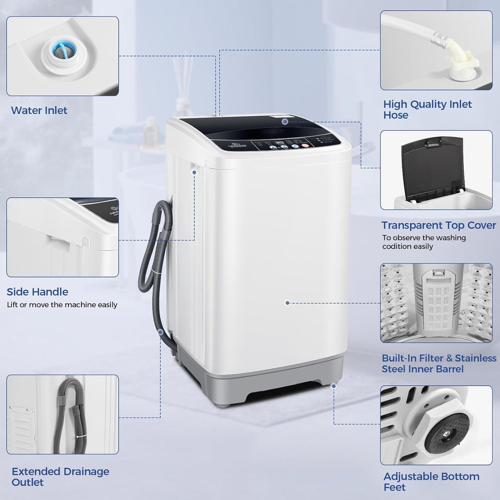 Portable Washing Machine 17.8Lbs Capacity Portable Washer with Drain Pump 2.4Cu.ft Full-Automatic Compact Washer with