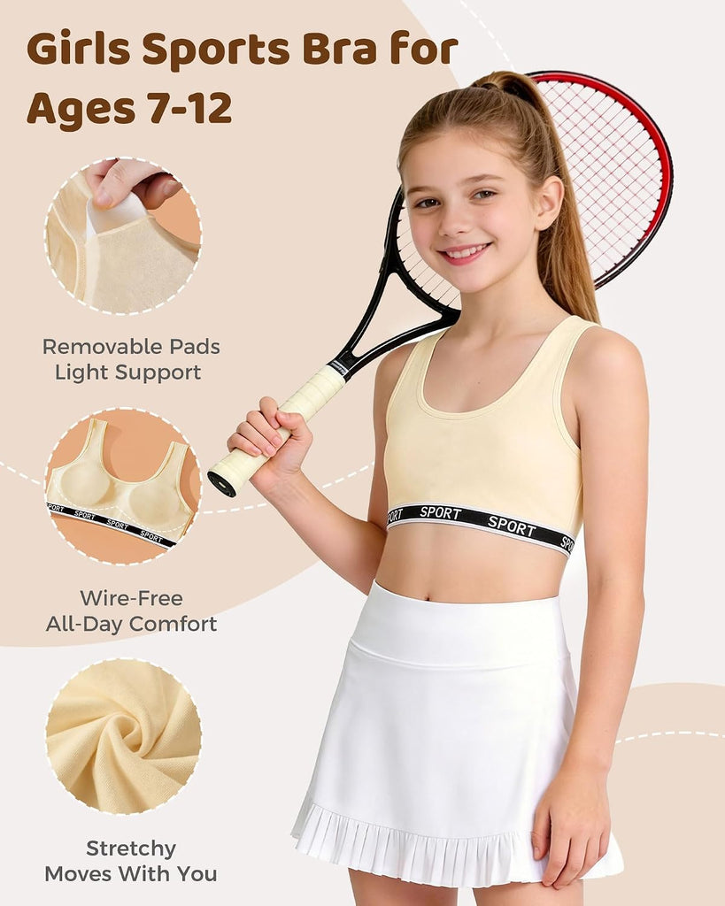 Girls Sports Bra Kids Training Bras with Removable Pads 7-12 OneSize