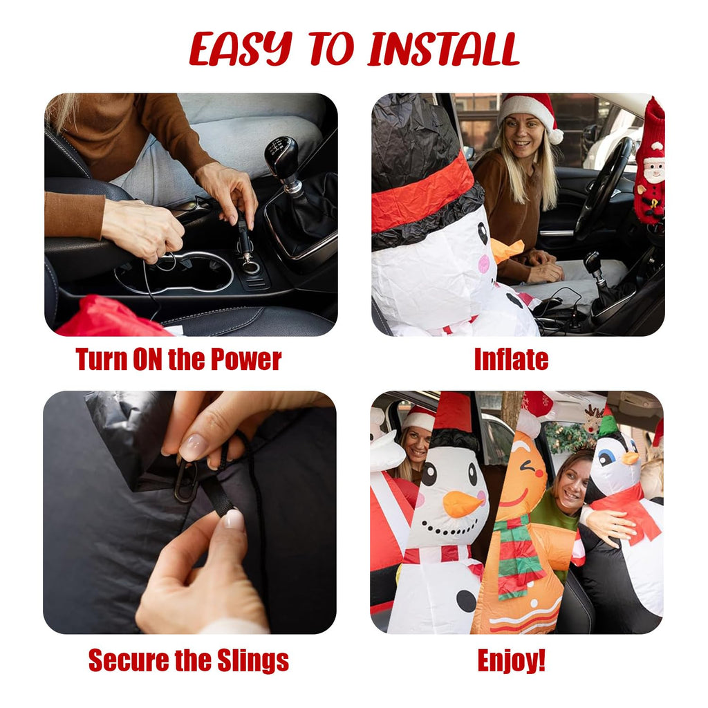 Christmas Inflatable Car Decoration Car Buddy with 12V Car Plug, 4-Pack Santa, Snowman, Gingerbread & Penguin LED