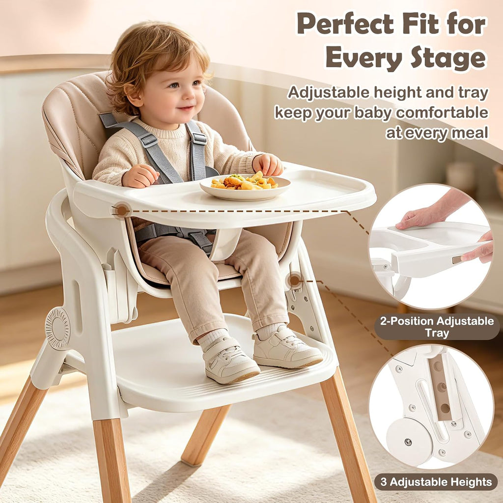 Foldable Baby High Chair, 4-in-1 Convertible Wooden Baby Highchairs (Beige) | Easel & Stool, Feeding Chair for Babies