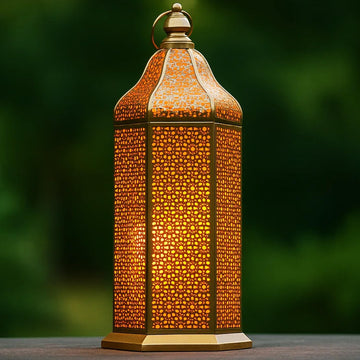 16" Champagne Gold Moroccan Decorative Candle Lantern - Metal Hexagon Lantern for Table or Hanging, Ramadan Turkish