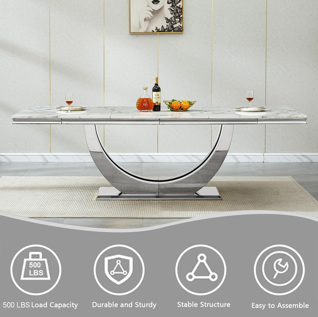 94.5" Large Marble Dining Table Set for 8, Luxury White Silver Kitchen Table with 8 Grey Velvet Tufted Chairs, Modern