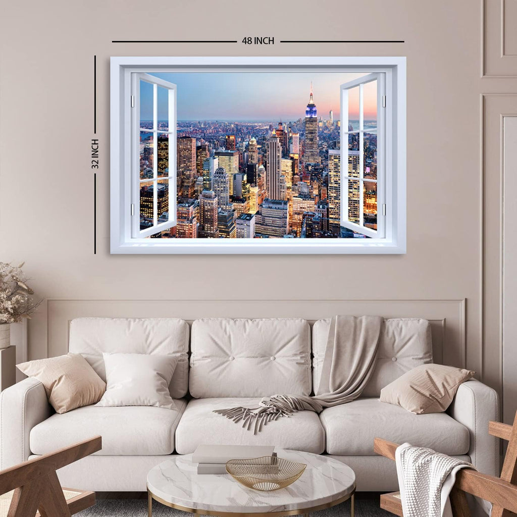 New York City Wall Art Sunset NYC Skyline Canvas Wall Decor | Window View Manhattan Landscape Prints Pictures