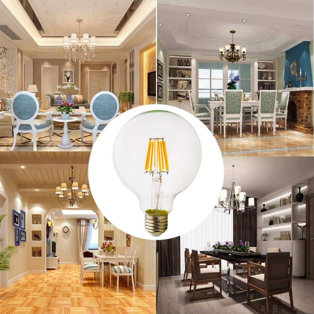 LED Globe Bulb 8W 2200K Warm White 650 Lumens, E26/E27 Base Vintage G95 Clear Glass Globe Edison Style LED Filament