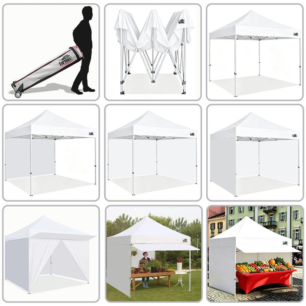 USA 10x10 Pop Up Canopy, Commercial Tent with Patented No-Tip Rolling Bag, 30sqft Extension Awning & 4 Zippered