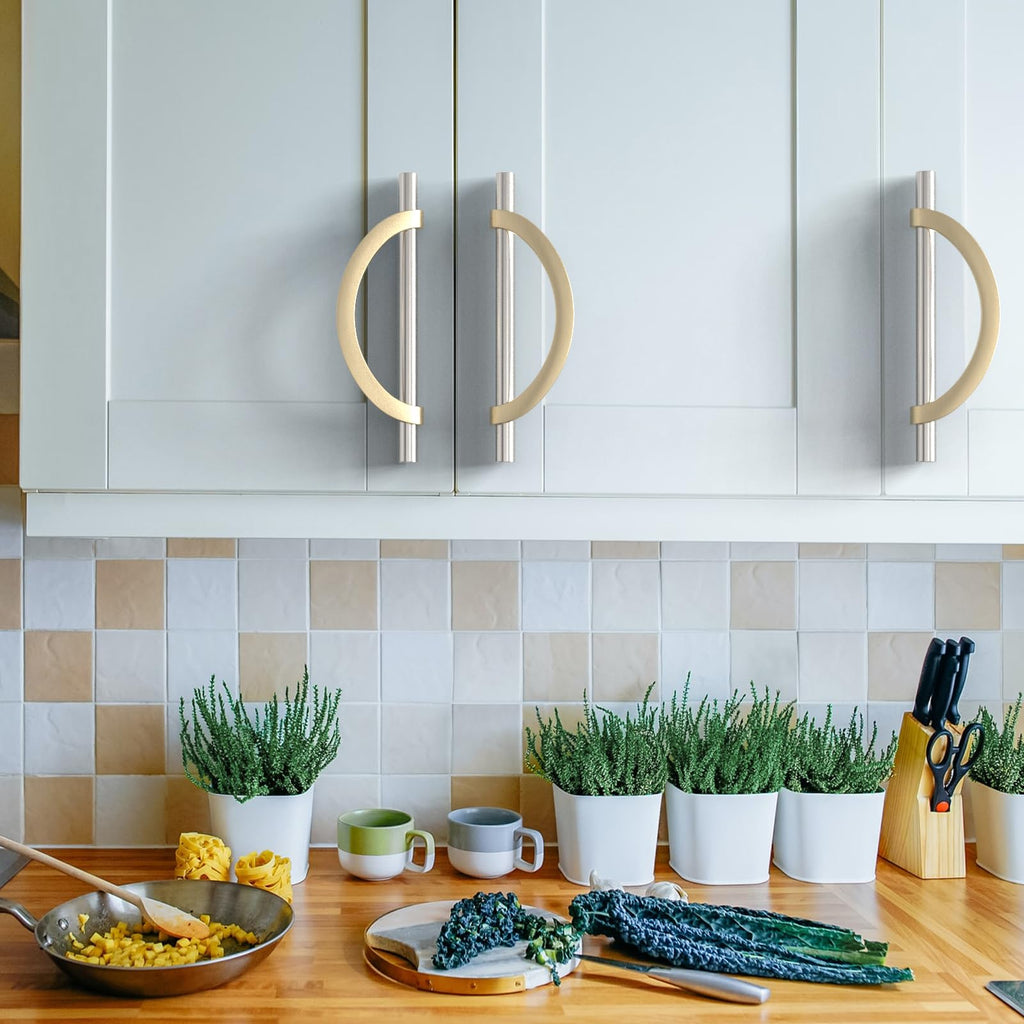 6 Pack Brushed Satin Nickel and Gold Cabinet Pulls 5 Inch(128MM) Hole Centers Kitchen Cabinet Handles Cabinet