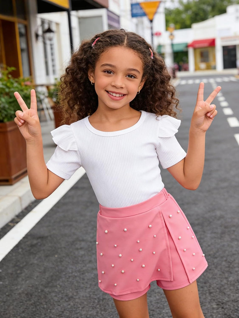 Girls 2 Piece Clothes Ruffled Sleeve Striped Top and Pearl Skirt Short Set Girl Summer Clothes