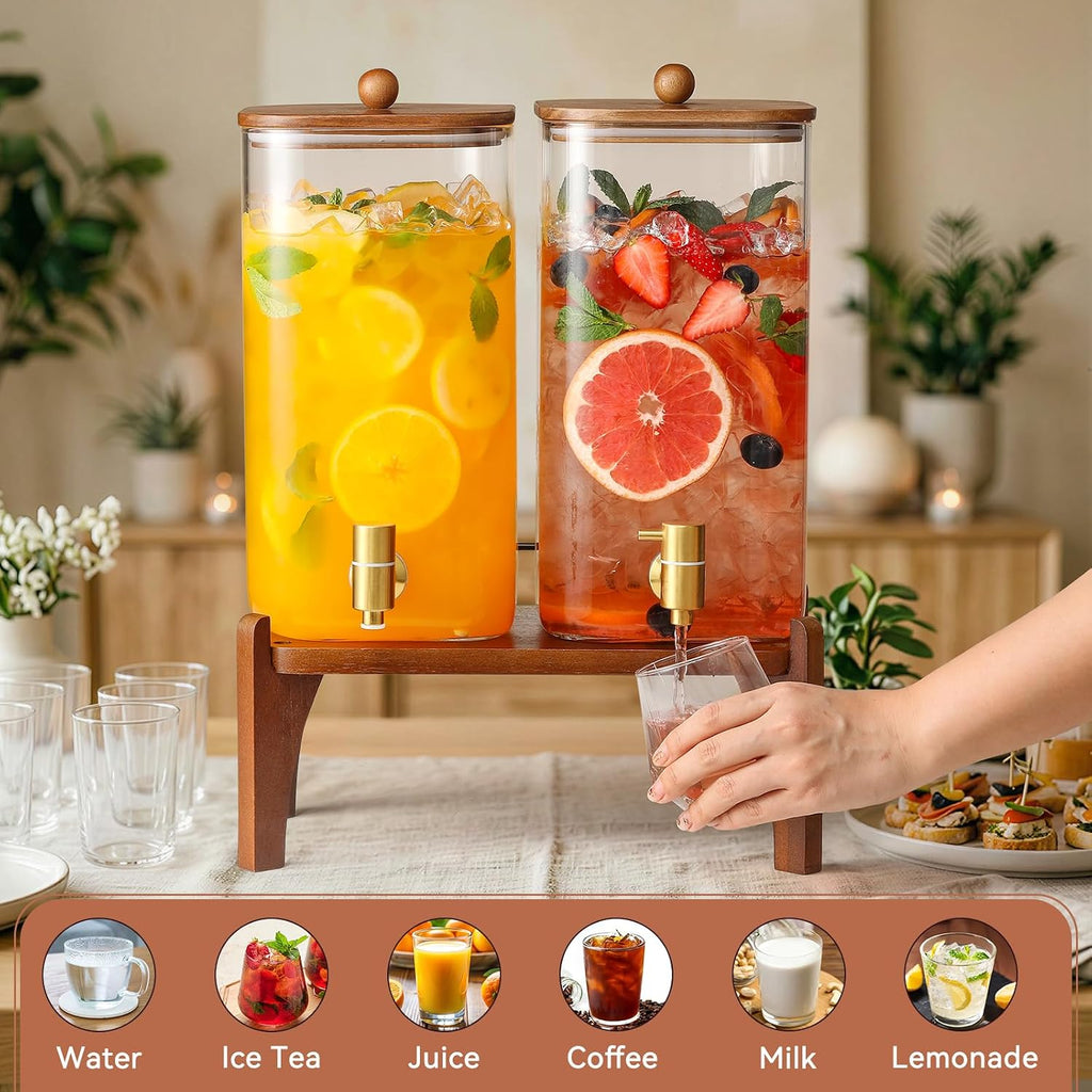 1.5 Gallon Square Glass Drink Dispenser with Wooden Stand & Lid, Large Beverage Dispenser with Stainless Steel - Set of 2