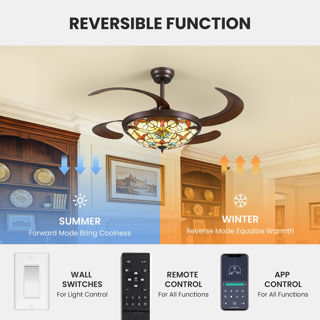 48inch Retractable Ceiling Fan Tiffany Style Chandelier Light Fixtures Ceiling with Remote & Dimmable, 6-Speed