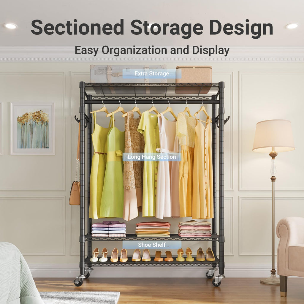 R3 Plus Rolling Clothes Rack Heavy Duty Closet for Hanging Clothes