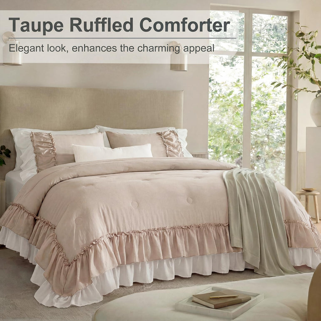 Taupe and White Two-Tone Ruffle Comforter Set, 3 Pieces Shabby Chic Farmhouse Bedding, Soft Microfiber Comforter