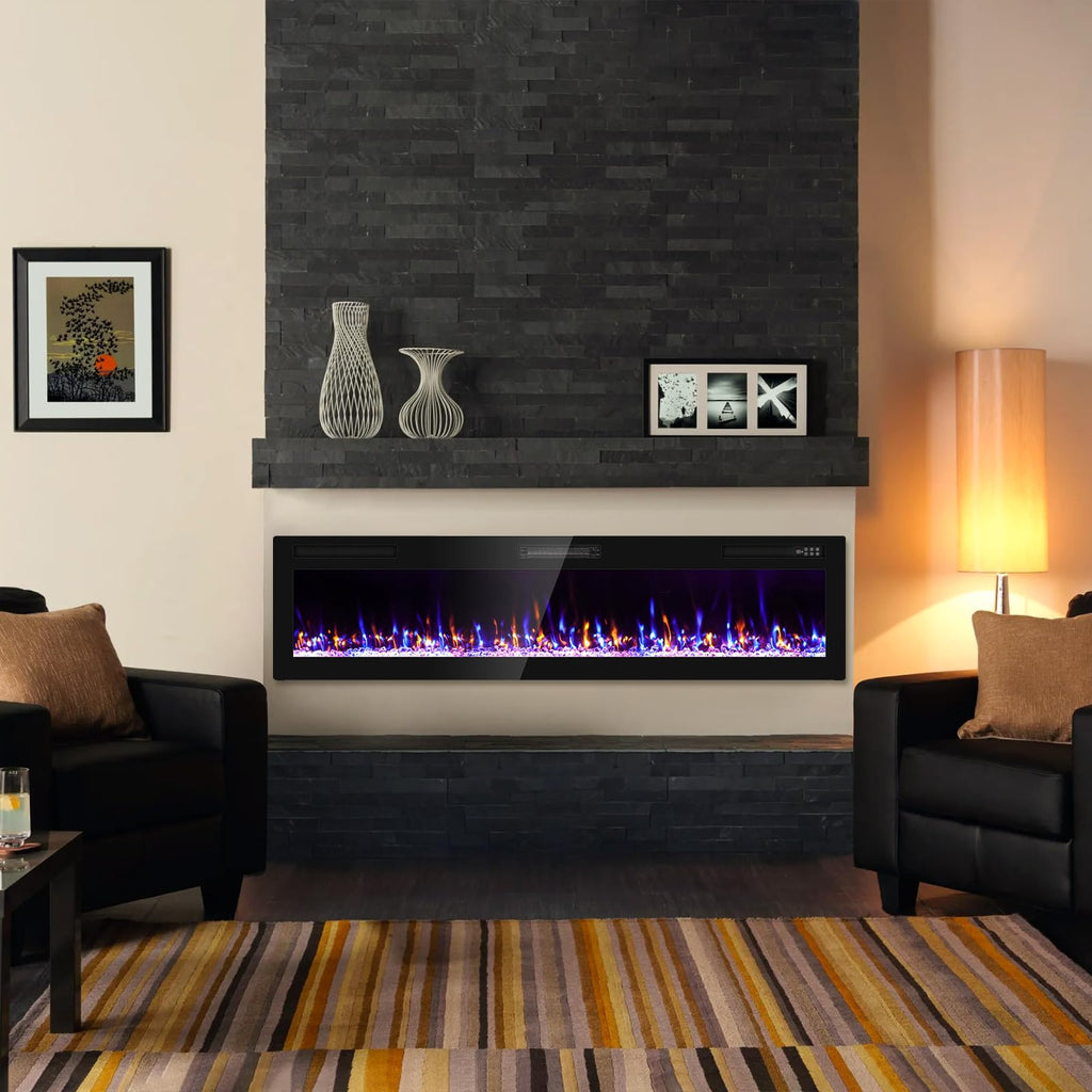2025Newly Upgraged 72 inch Ultra Thin Electric Fireplace Inserts and Wall Mounted with Remote Control & Touch Screen