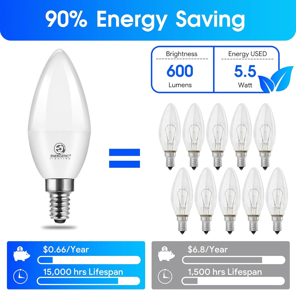 Energetic E12 LED Candelabra Light Bulbs 5.5W (60 Watt Equivalent), 3000K Warm White, 600LM Chandelier Light Bulbs