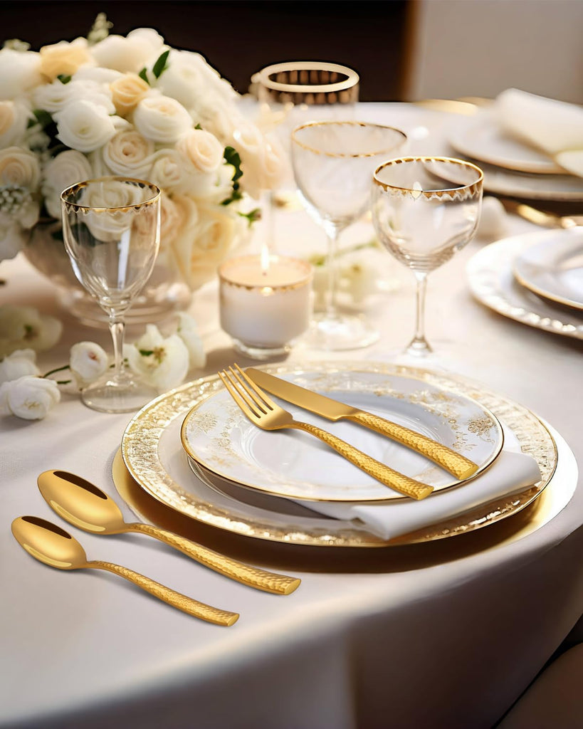 Silverware Set, 40-Piece Hammered Gold Flatware Cutlery Set for 8 Mirror Finished with Anti-rust stainless steel