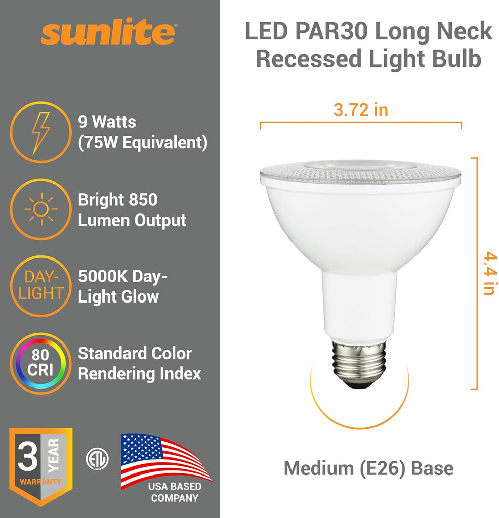 LED PAR30 Long Neck Recessed Light Bulb, 9 Watt, (75W EQ), 850 Lm, Medium E26 Base, Dimmable, ETL Listed, 35 Degrees