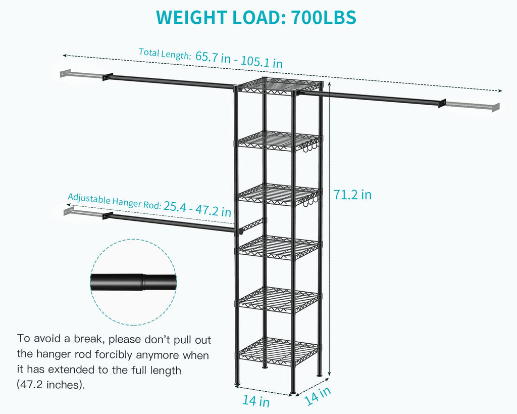 M1 Closet Storage Organizer System, 6 Tiers Heavy Duty Metal Clothing Garment Rack with 3 Expandable Hanger Rods