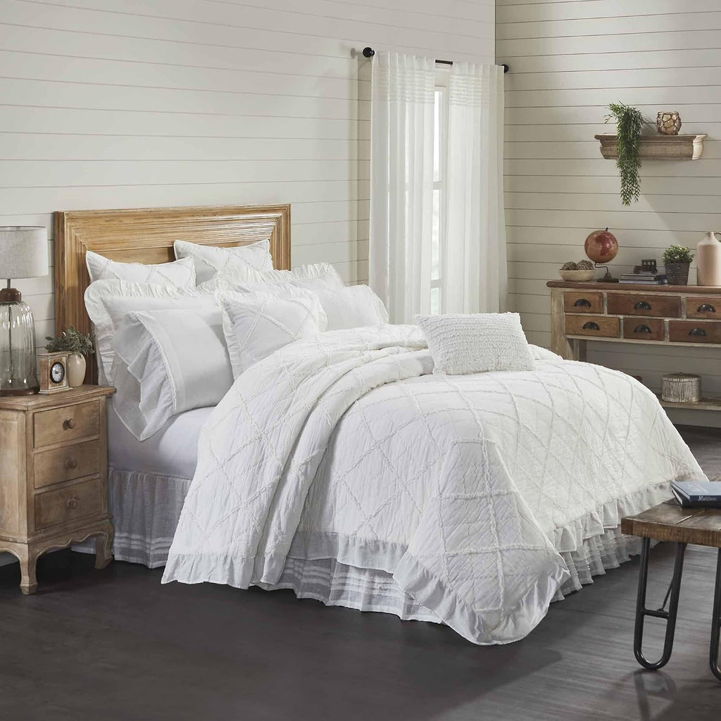 Kathryn California King Ruffled Bed Skirt w/a 16" Drop, Soft White Linen-Look Textured Fabric, Gathered Vintage