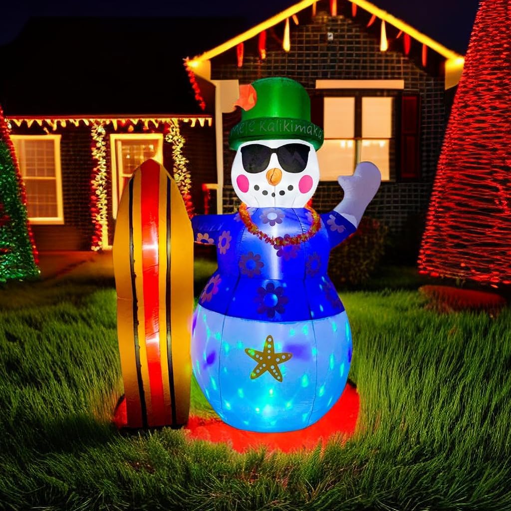 8 Ft Tall Inflatable Hawaiian Snowman with Surfboard LED Blow Up Lighted Christmas Inflatable Outdoor Decoration