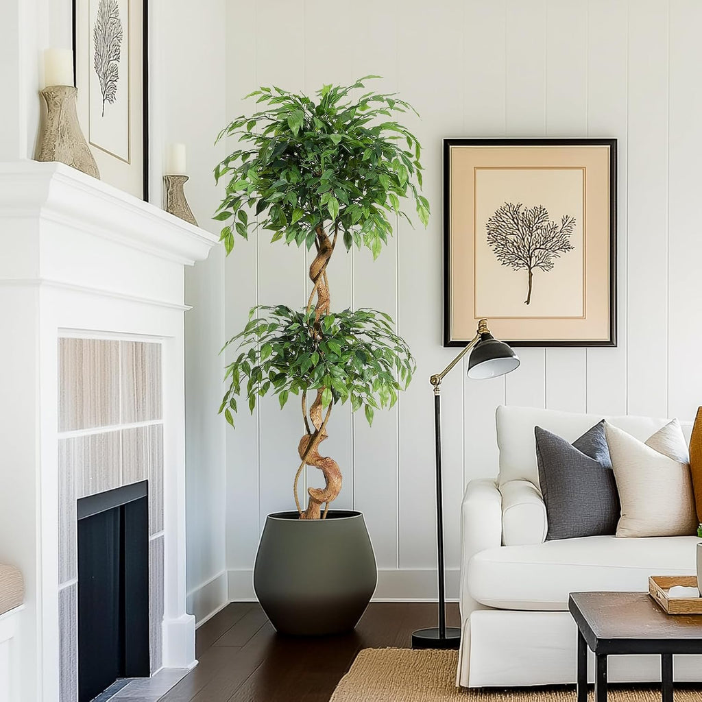 5FT Artificial Ficus Tree, 1449 Silk Leaves with Curved Natural-Look Trunk, Faux Tree in White Planter Pot with Real