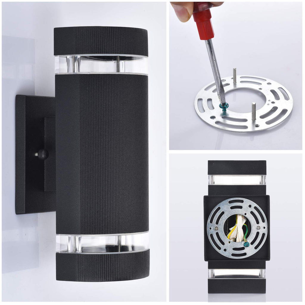 Dusk to Dawn Outdoor Wall Lights 2 Pack, Modern Exterior Lighting Fixtures Cylinder, Black Up and Down Lights, 5000K