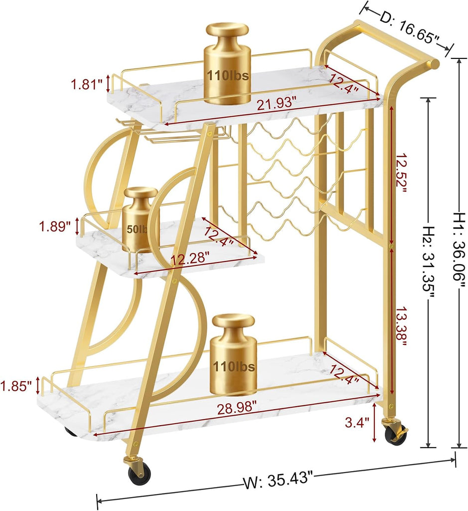 Bar Cart, Gold Bar Carts for The Home, Serving Cart with Wine Glass Holder, 3-Tier Drink Carts with Wheels, Rolling
