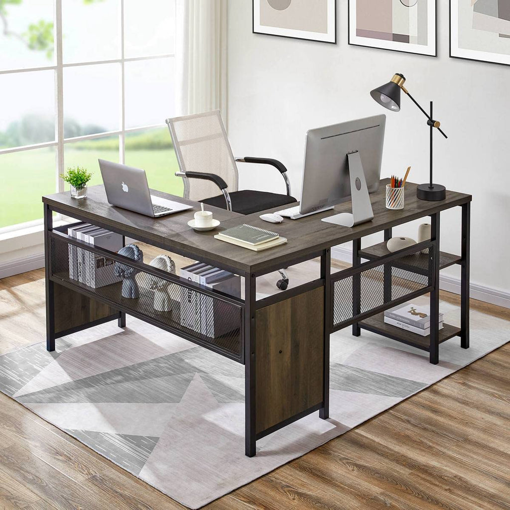 L Shaped Desk, Industrial Reversible Home Office Computer Desk with Wood Shelves, Corner Desks with Metal Legs