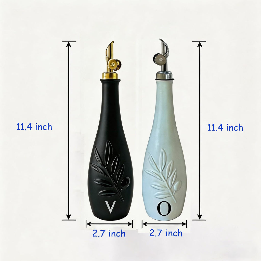Oil and Vinegar Dispenser, 11.8oz Ceramic Leak Proof Olive Oil Bottle with Self-Closing Stainless Steel - Set of 2