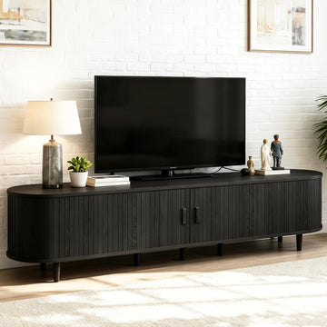 80" Mid Century Modern TV Stand, Wood TV Consoles with Sliding Doors and Power Outlet, Fluted Entertainment Center