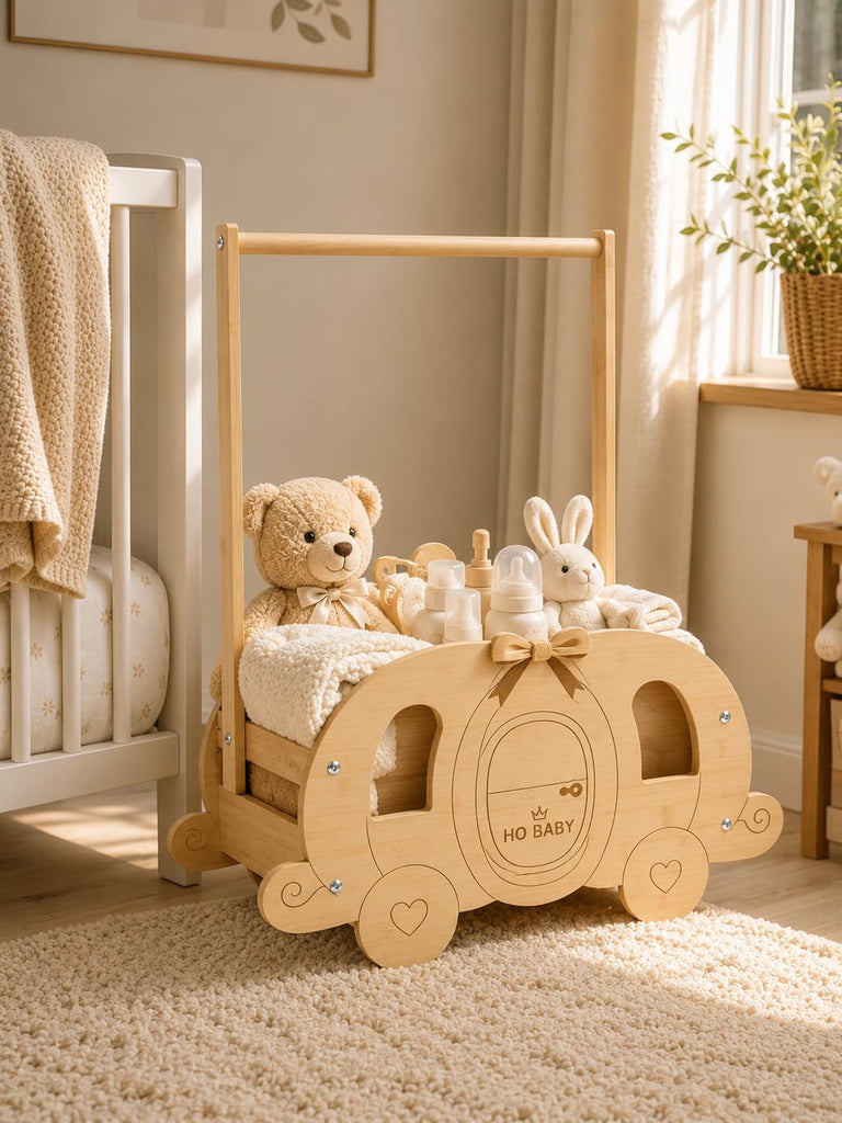 Baby Shower Basket, Wooden Baby Shower Crate with Handle, Pumpkin Carriage Gift Basket for Baby Shower Centerpiece