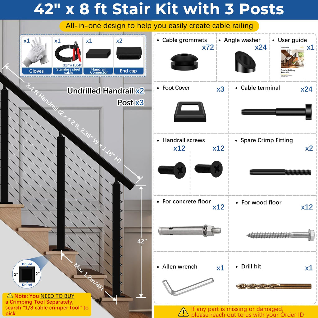 4ft-8ft Modular 42in Cable Railing System for Stair with Handrail