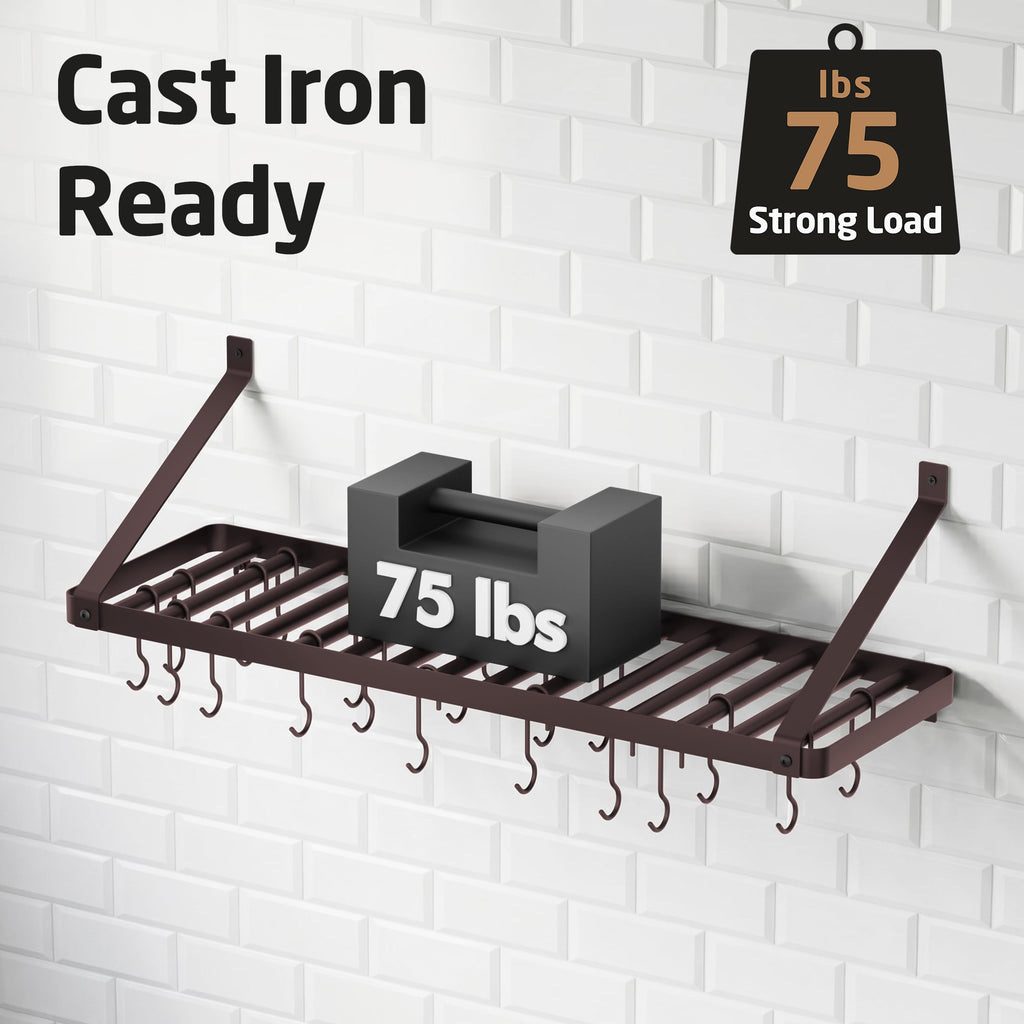 75lb High-Capacity Oil Bronze Pot Rack Wall Mounted with Pot Lid Holder