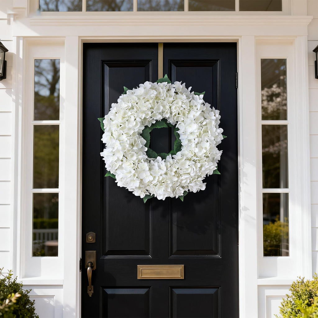 21" Artificial Hydrangea Flower Wreath for Front Door Decor (White)