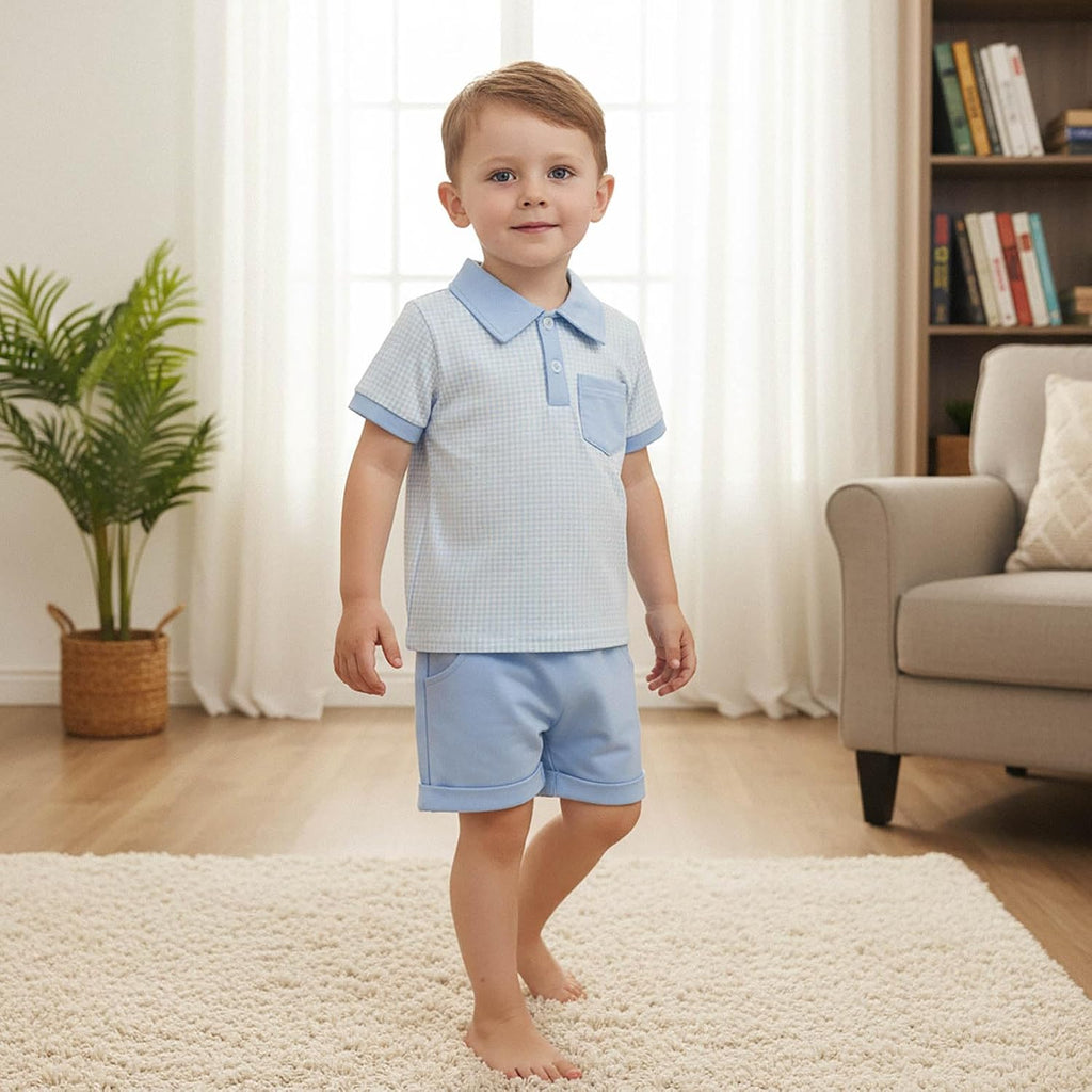 Toddler Baby Boy Summer Clothes Plaid Lapel Short Sleeve T-Shirt Top Shorts Sets Infant Outfit 6 12 18