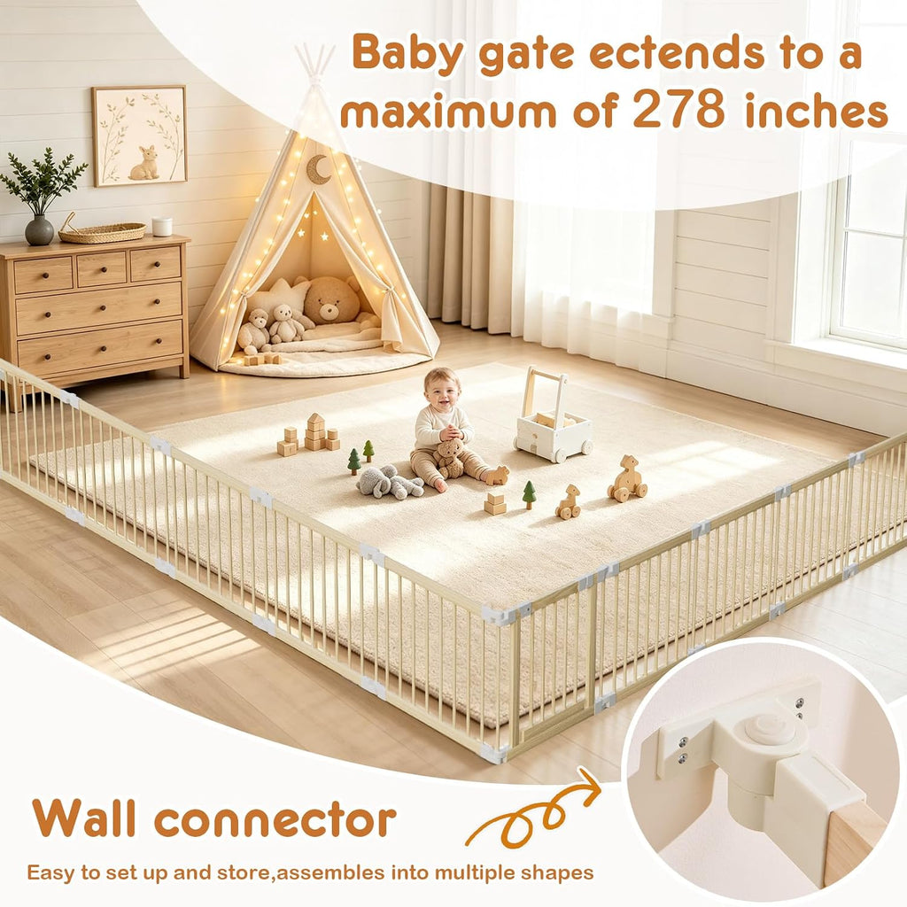 Baby Playpen, Foldable Wooden Play Yard with Gate | Adjustable Activity Center, Child Proof Lock, Expandable