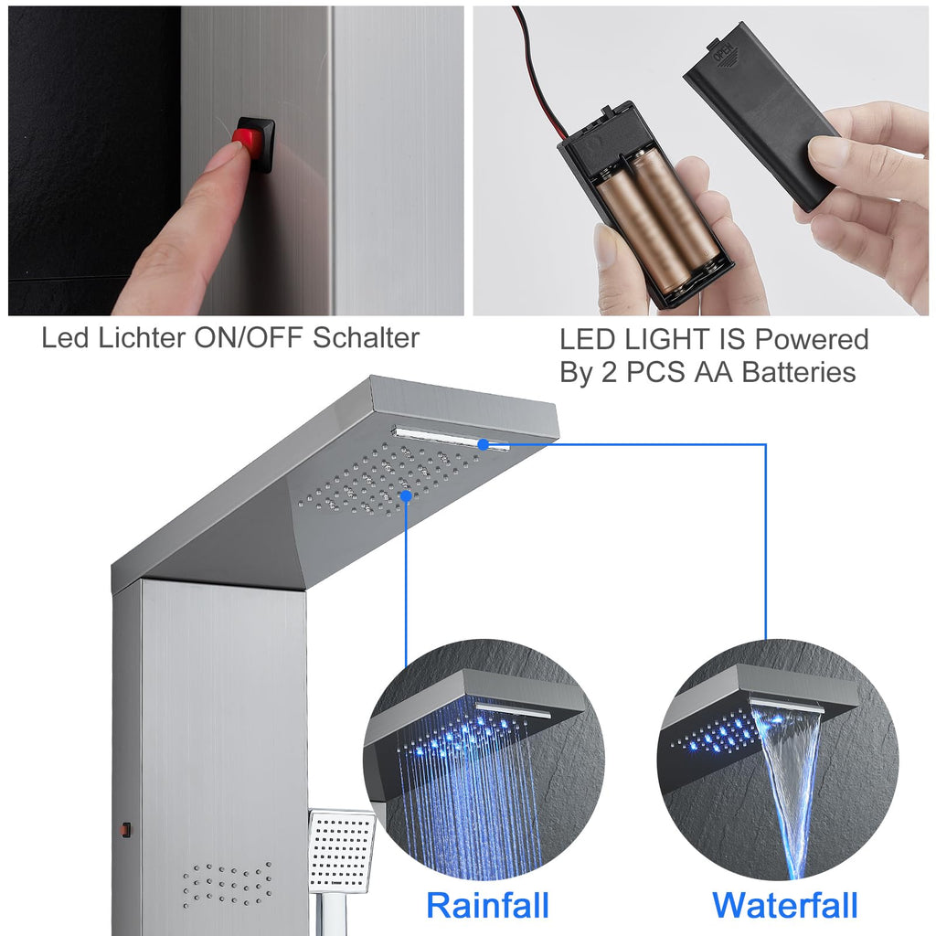 Shower Panel Tower System with LED Lights, Brushed Stainless Steel
