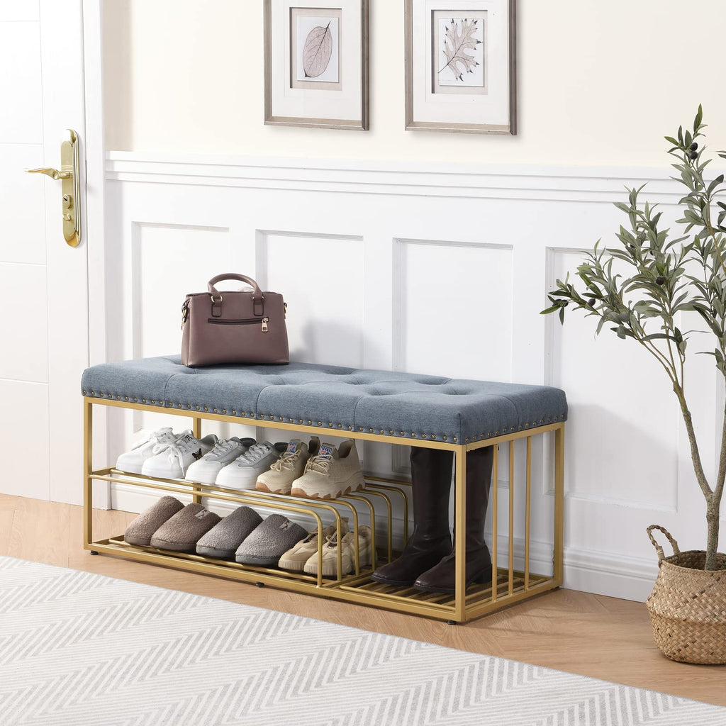 Upholstered Shoe Storage Bench-Nailhead Trim Linen Ottoman Bench with Shoes Rack for End of Bed Entryway Window