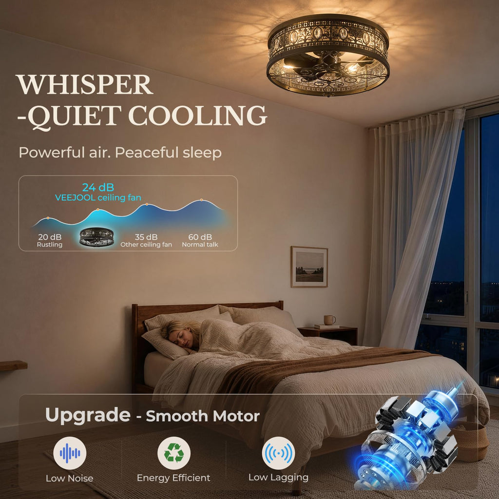 2026 Upgrade Caged Ceiling Fans with Lights, 18" Flush Mount Ceiling Fan with Remote, Low Profile Crystal Fandelier