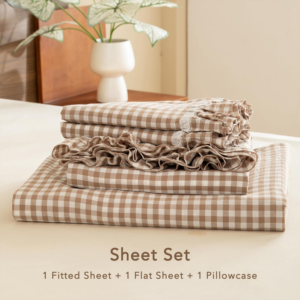 3 Piece Cotton Sheet Set, Tan Gingham & Lace Ruffle Fitted