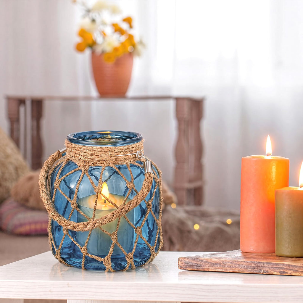 2 Set Nautical Lanterns Rope Handle, Coastal Glass Jar, Navy Blue