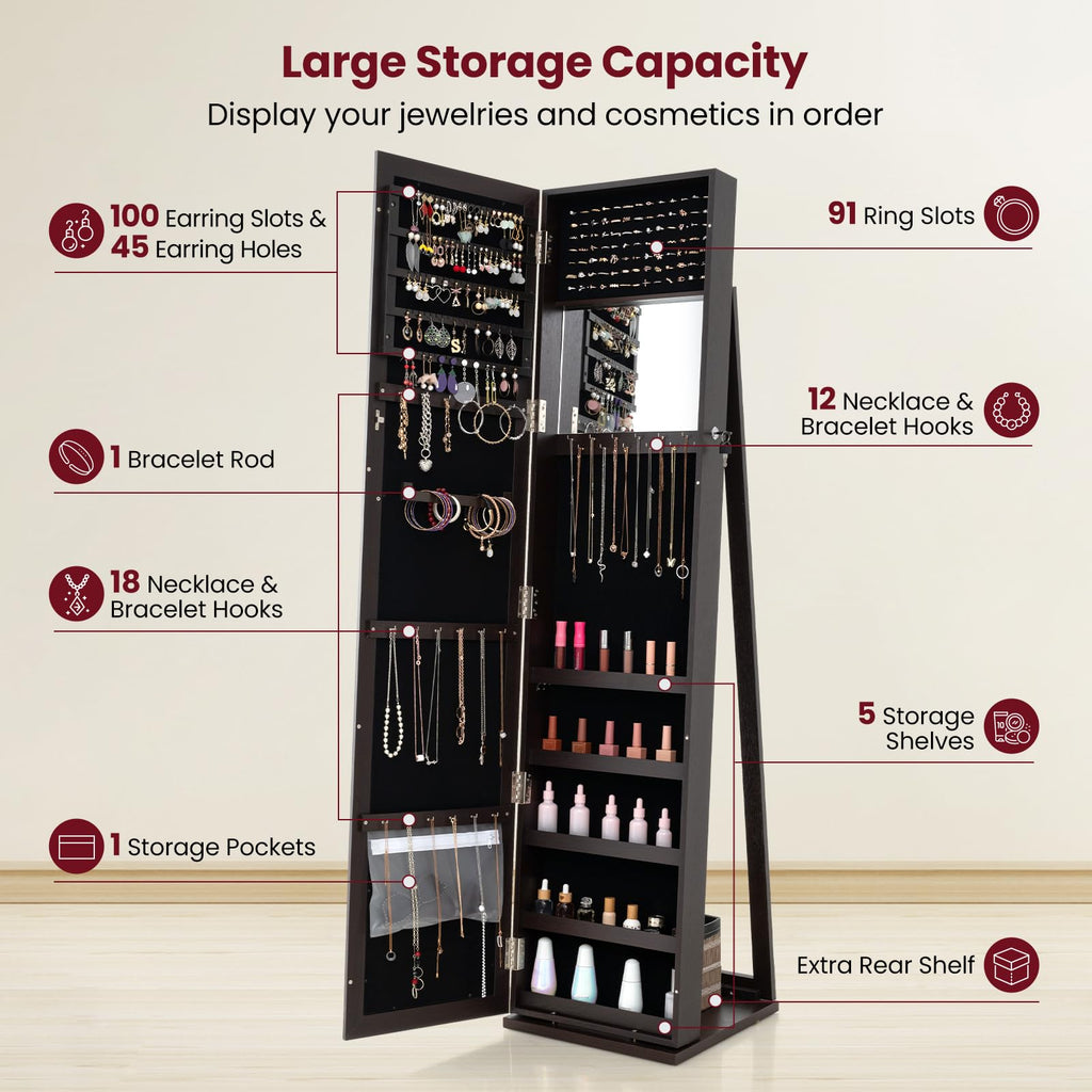Jewelry Cabinet with Full-length Mirror, Jewelry Storage Organizer with Makeup Mirror, Back Storage Shelf, Lockable