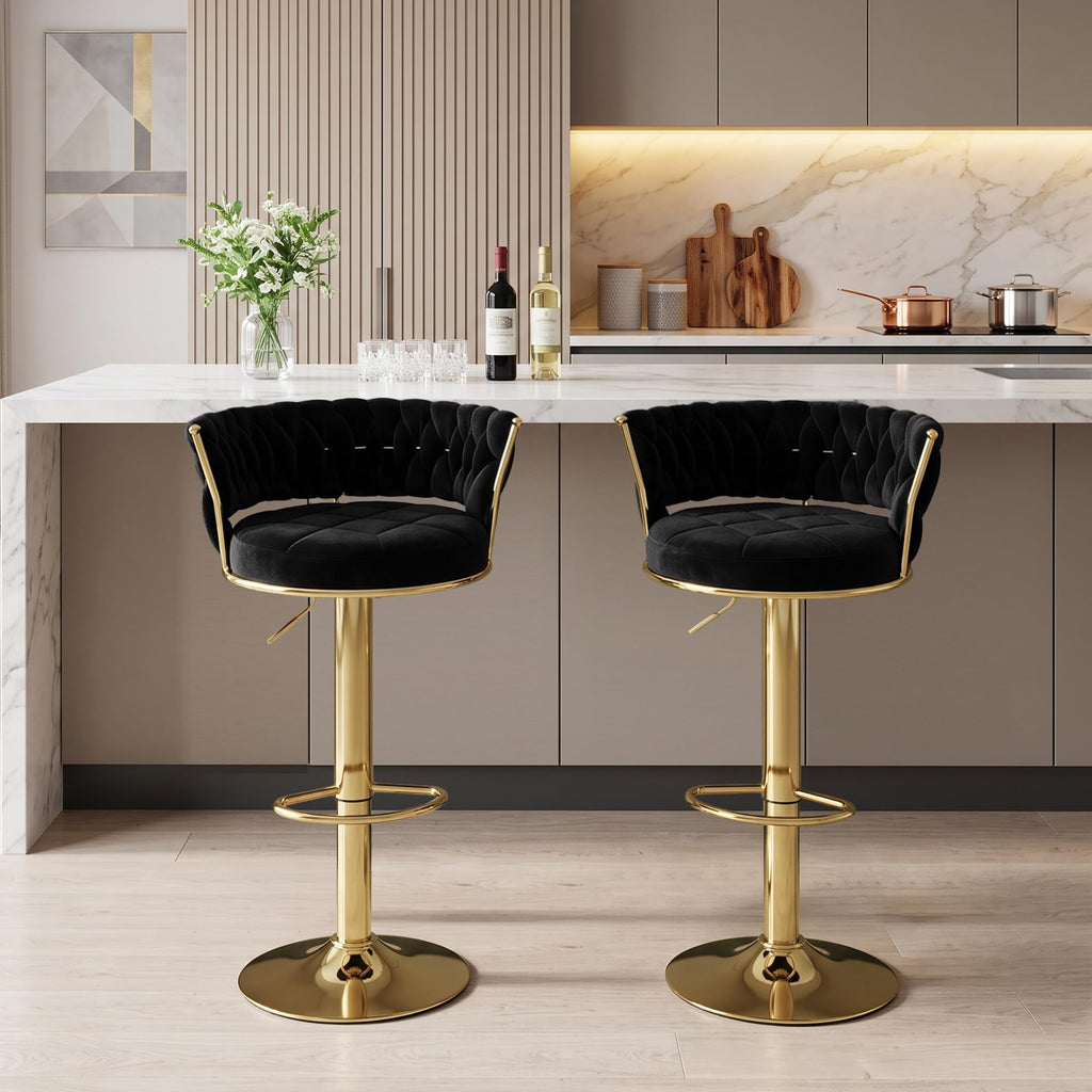 Bar Stools Set of 4, Modern-Contemporary Velvet Woven Counter Height Stools with Back and Arms, 360 Swivel Bar Chair