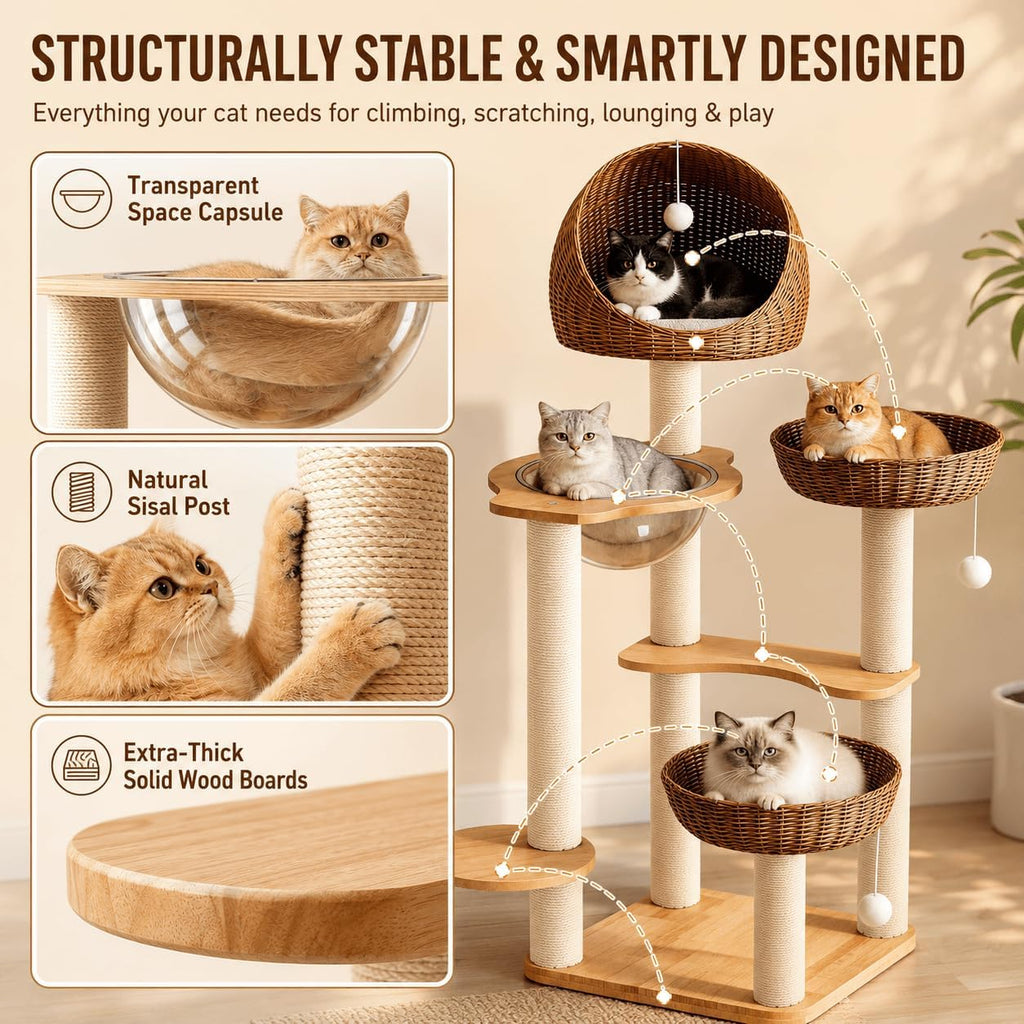 50in Solid Wood Cat Tree for Indoor Cats with Wicker Beds