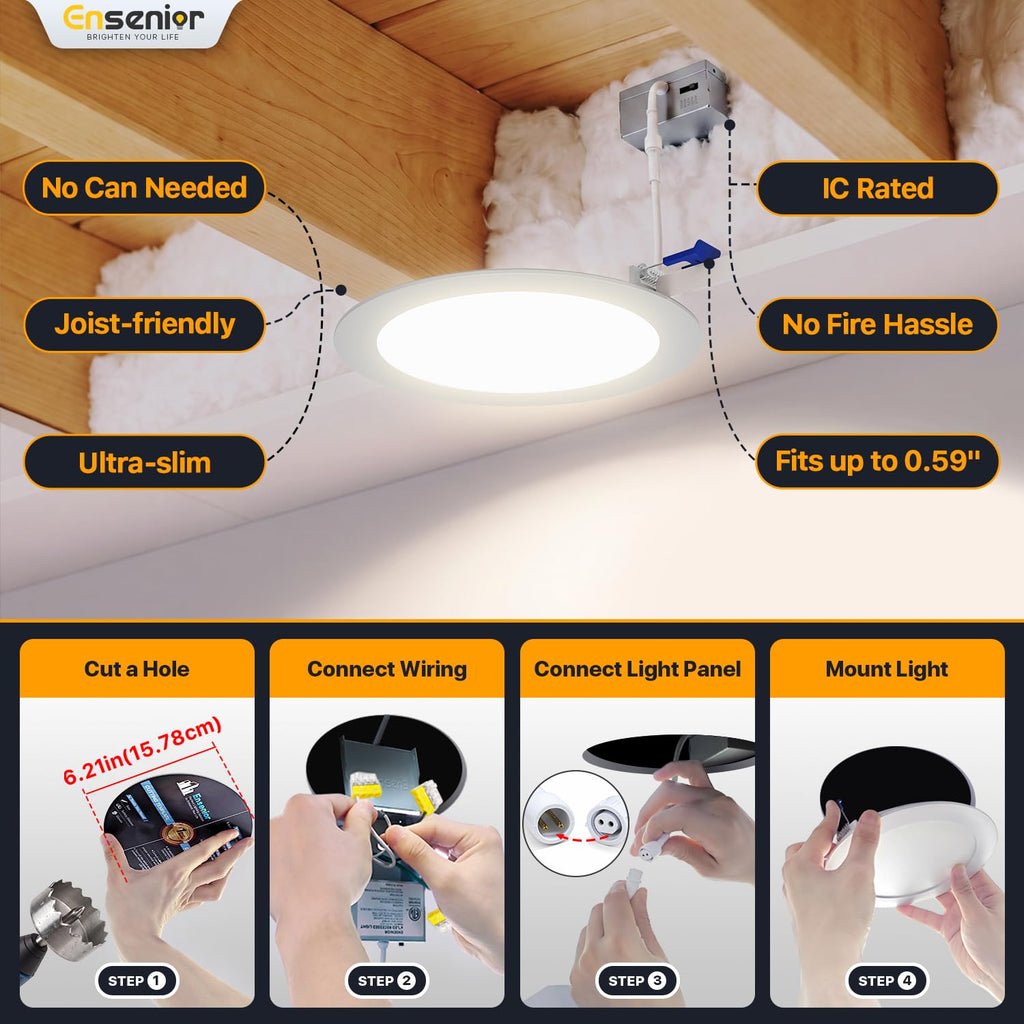 6 Pack 6 Inch 5000K Dimmable Canless Wafer LED Recessed Light